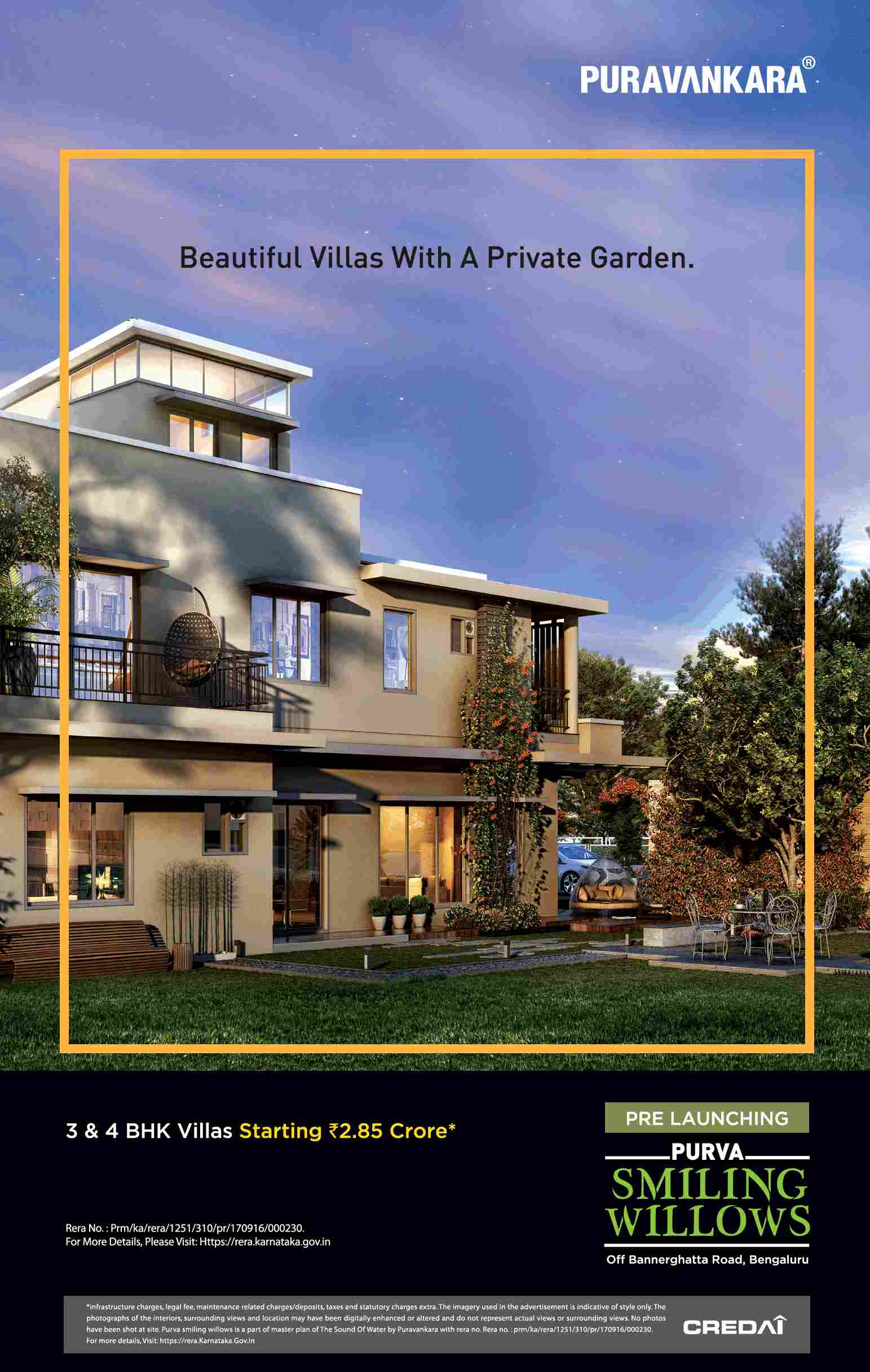 Presenting beautiful villas with private garden @ Rs 2.85 cr at Purva Smiling Willows in Bangalore Update